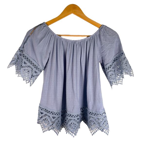 Boho off-shoulder blouse w/ crochet lace trim – S blue - Picture 2 of 7